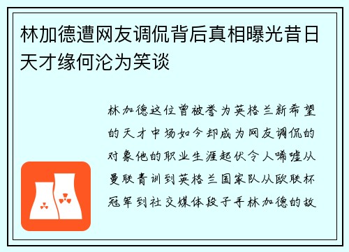 林加德遭网友调侃背后真相曝光昔日天才缘何沦为笑谈